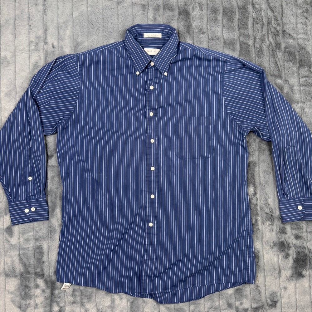 Van Heusen Mens Blue White Striped Pinpoint Oxford Shirt Large 16-16.5 32/33